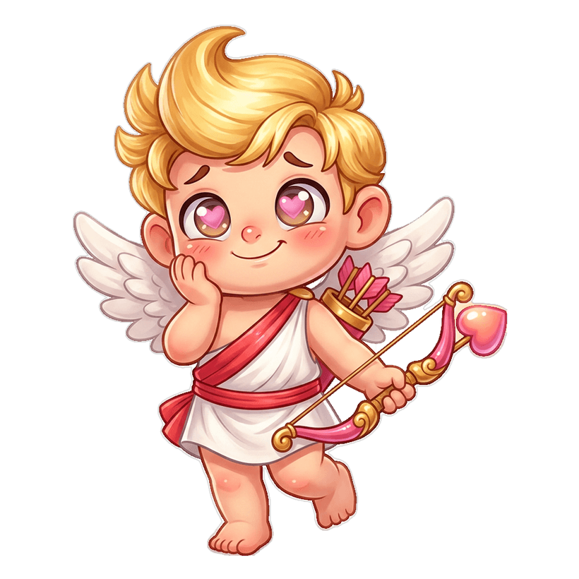 Luvi, the LuvTask cupid mascot, gazing adoringly with hearts in its eyes