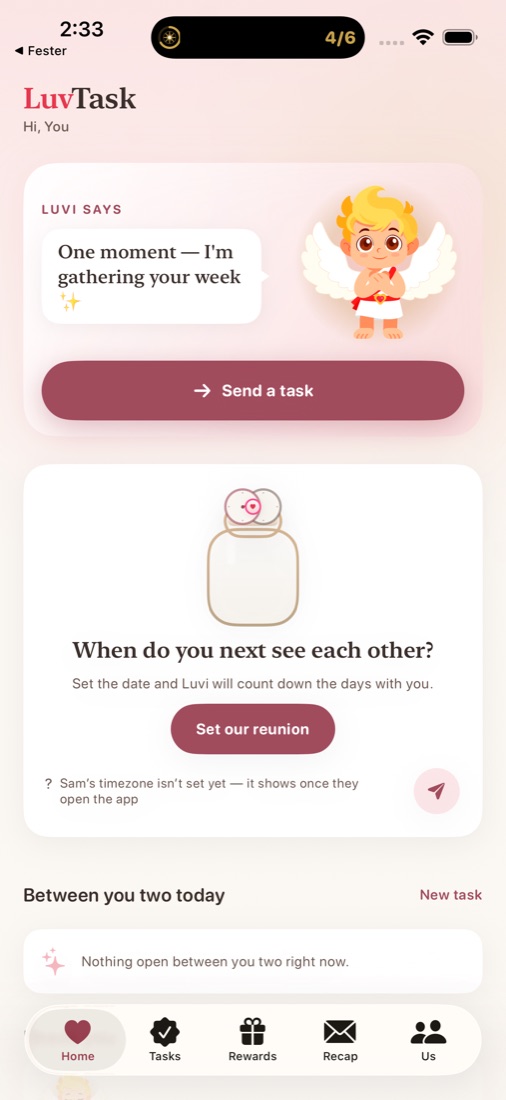 The LuvTask Home screen in long-distance mode: an empty jar under two small clocks, the question When do you next see each other?, and a Set our reunion button.