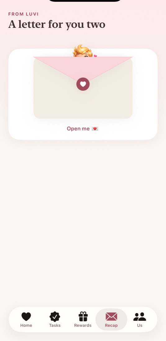 Luvi's Sunday letter in the LuvTask app, still sealed: A letter for you two, Open me.