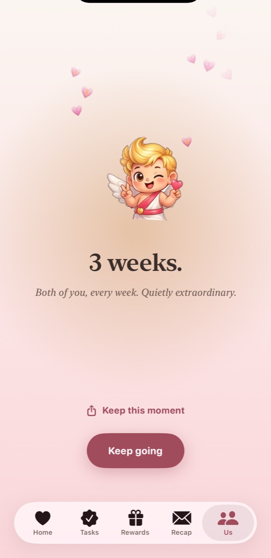 The LuvTask streak celebration screen: 3 weeks. Both of you, every week. Quietly extraordinary.