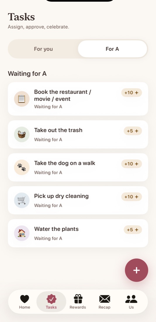 The LuvTask Tasks screen: tasks sent to a partner, such as Water the plants, each waiting for them, with the hearts each one is worth.