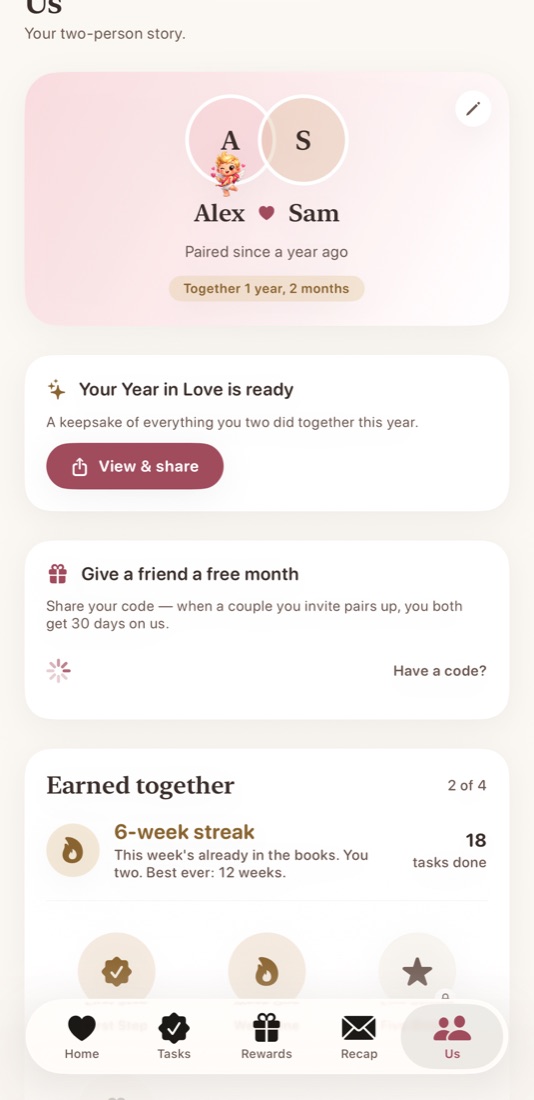 The LuvTask Us screen: Alex and Sam, together 1 year, 2 months, and a card that says Your Year in Love is ready, with a View & share button.